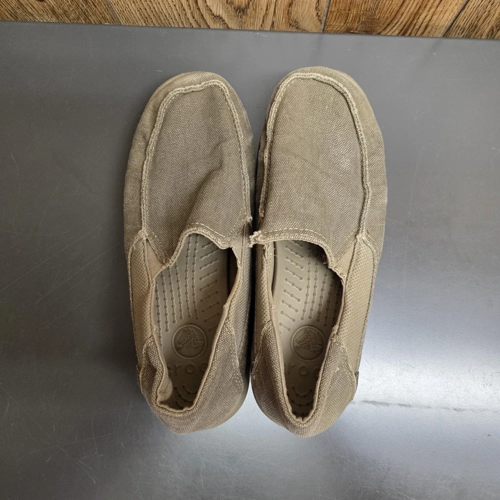 Crocs Loafer Shoes Kids SZ J 6 Beige Canvas Slip On Comfort Casual 204025